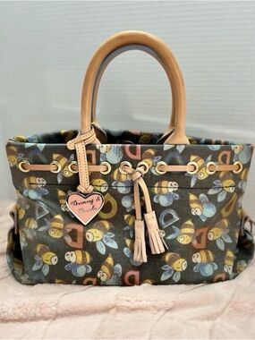 Dooney & Bourke Multicolor Bee Print Tote with Tan Leather Trim